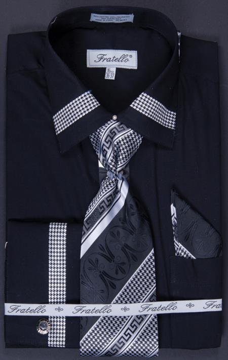 Mensusa Products Men's French Cuff Dress Shirt, Tie, Hanky and Cuff Links Houndstooth Patched Black