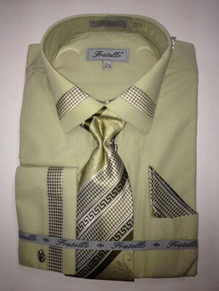 Mensusa Products Men's French Cuff Dress Shirt, Tie, Hanky and Cuff Links Houndstooth Patched Olive