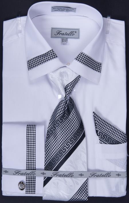 Mensusa Products Men's French Cuff Dress Shirt, Tie, Hanky and Cuff Links Houndstooth Patched White