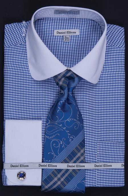 Mensusa Products Men's French Cuff Dress Shirt, Tie, Hanky and Cuff Links Two Tone Houndstooth Blue