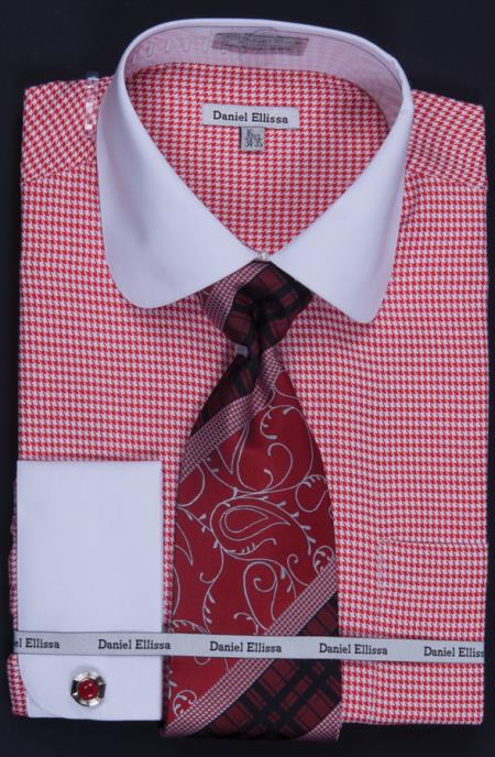 Mensusa Products Men's French Cuff Dress Shirt, Tie, Hanky and Cuff Links Two Tone Houndstooth Red