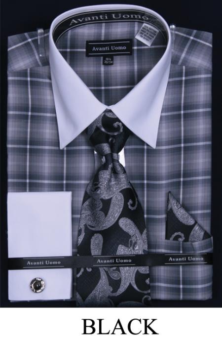 Mensusa Products Men's French Cuff Dress Shirt, Tie, Hanky & Cuff Links 2 Tone Checker Pattern Black