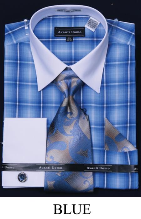Mensusa Products French Cuff Dress Shirt, Tie, Hanky and Cuff Links Two Tone Checker Pattern Blue