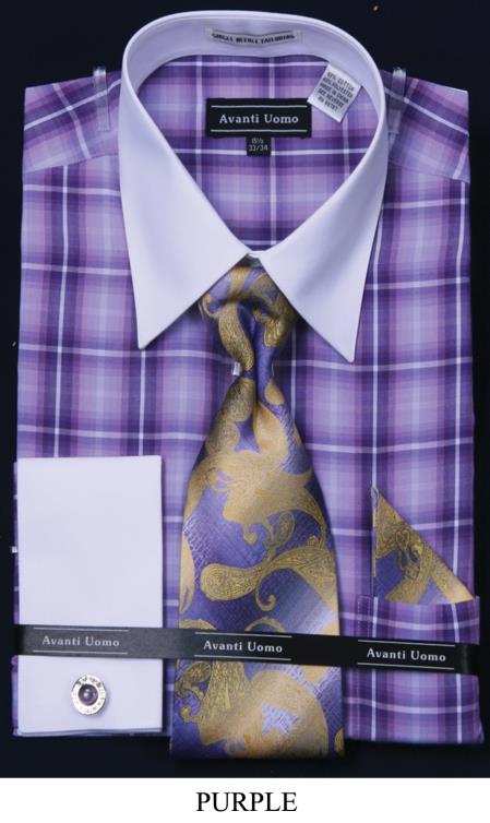 Mensusa Products Men's French Cuff Dress Shirt, Tie, Hanky & Cuff Links 2 Tone Checker Purple