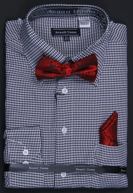 Mensusa Products Men's French Cuff Dress Shirt, Bow Tie, and Hanky Houndstooth Black