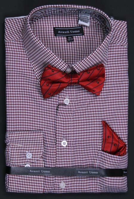 Mensusa Products Men's French Cuff Dress Shirt, Bow Tie, and Hanky Houndstooth Brown