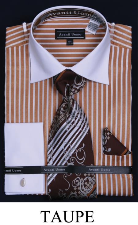Mensusa Products Men's French Cuff Dress Shirt Set Two Tone Stripe Taupe