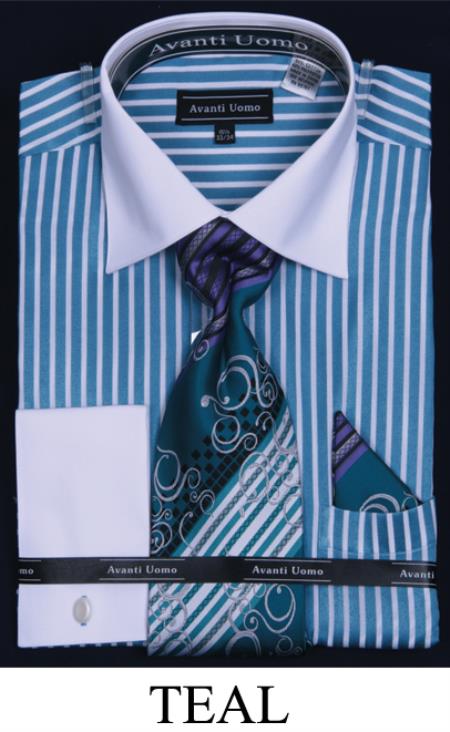 Mensusa Products Men's French Cuff Dress Shirt Set Two Tone Stripe Teal