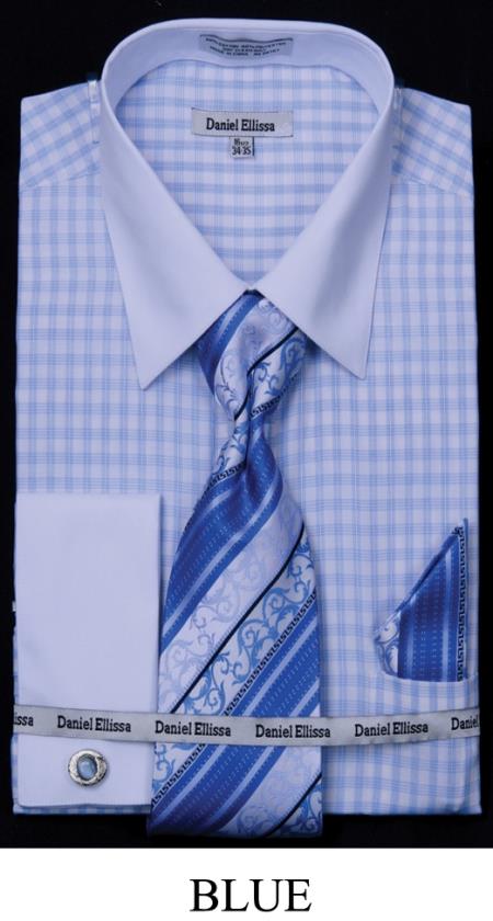 Mensusa Products Men's French Cuff Dress Shirt Two Tone Stripe Blue