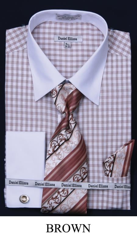 Mensusa Products Men's French Cuff Dress Shirt Two Tone Stripe Brown