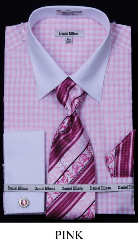 Mensusa Products Men's French Cuff Dress Shirt Two Tone Stripe Pink