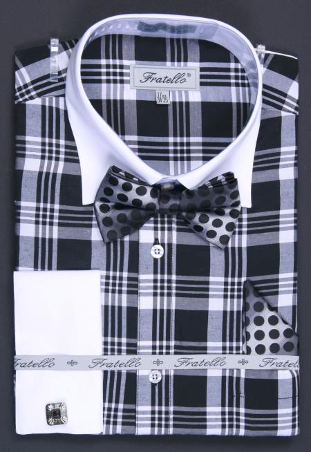 Mensusa Products Men's Black Checker French Cuff Dress Shirt Set