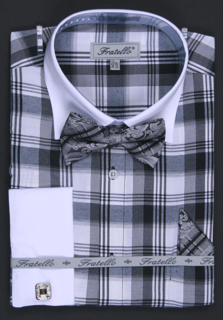Mensusa Products Men's French Cuff Dress Shirt Set Black Checker Pattern