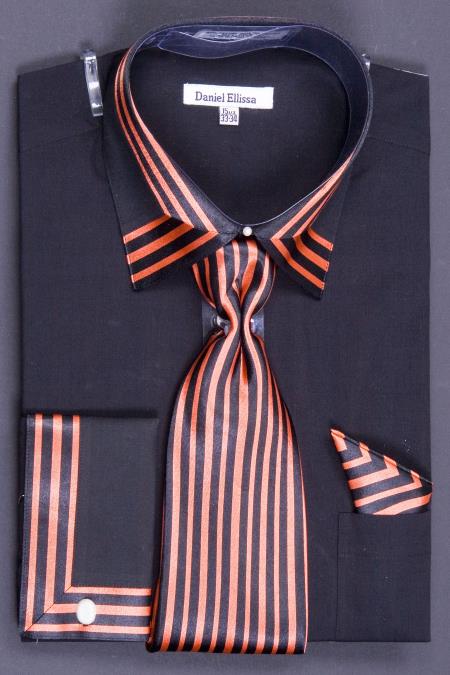 Mensusa Products Men's French Cuff Dress Shirt Set Bold Stripes Black/Coral