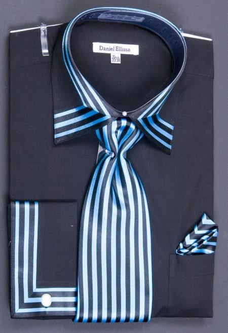 Mensusa Products Men's French Cuff Dress Shirt Set Bold Stripes Black/Turquoise