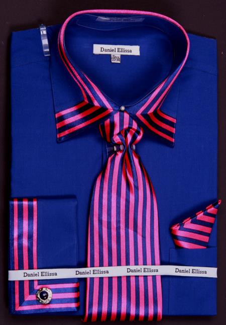 Mensusa Products Men's French Cuff Dress Shirt Set Bold Stripes Navy/Fuchsia
