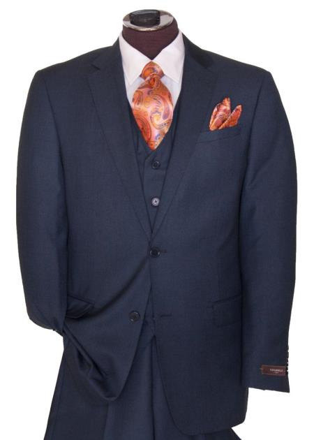 Mensusa Products Mens 2 Button Navy Blue Regular Basic Cut Flat Front Pants Three Piece Suit