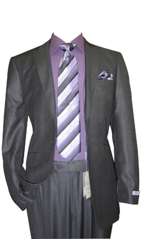 Mensusa Products 1 Button Peak Lapel Sharkskin Charcoal Wool and Silk Blend Flat Front Fitted Suit