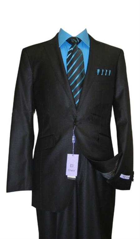 Mensusa Products 1 Button Peak Lapel Black Sharkskin Wool and Silk Blend Flat Front Fitted Suit
