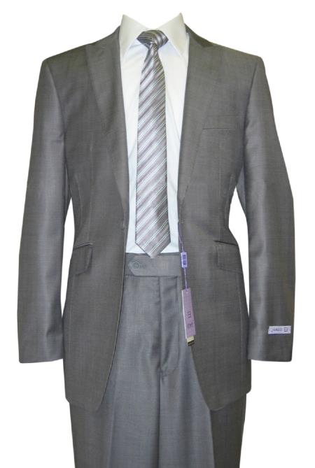 Mensusa Products 1 Button Peak Lapel Grey Sharkskin Wool and Silk Blend Flat Front Fitted Suit