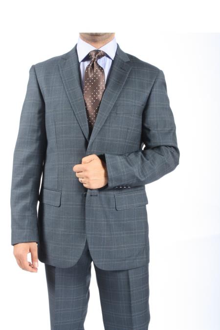 Mensusa Products Two Button Slim Fit Grey Blue Window Pane Plaid Suit