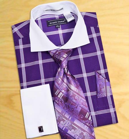 Mensusa Products Purple / White Windowpanes Design Shirt / Tie / Hanky Set with Free Cufflinks