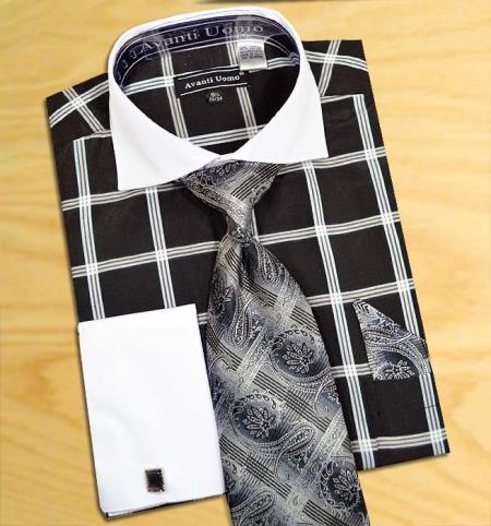 Mensusa Products Black / White Windowpanes Design Shirt / Tie / Hanky Set with Free Cufflinks