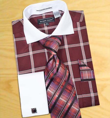 Mensusa Products Burgundy / White Windowpanes Design Shirt / Tie / Hanky Set with Free Cufflinks