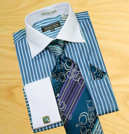 Mensusa Products White / BluishGreen Stripes Shirt / Tie / Hanky Set with Free Cufflinks