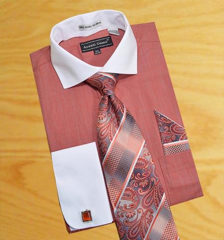 Mensusa Products Brick Red / White/ Grey Self Design Shirt / Tie / Hanky Set with Free Cufflinks