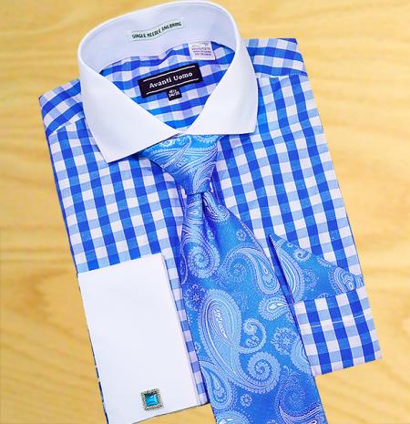 Mensusa Products White with Turquoise Windowpane Shirt / Tie / Hanky Set with Free Cufflinks
