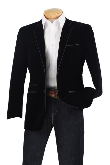Mensusa Products Men's Luxurious Velvet Slim Sport Coat Faux Leather Trim Black