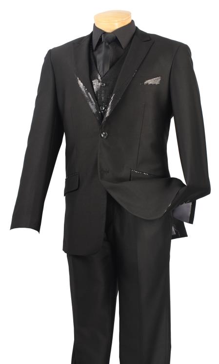 Mensusa Products Men's 3 Piece Tuxedo Fancy Sequin Jacket and Vest Black