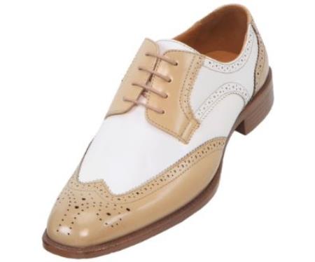 Mensusa Products Mens TwoToned Oyster and White Classic Smooth Dress Shoe with WingTip