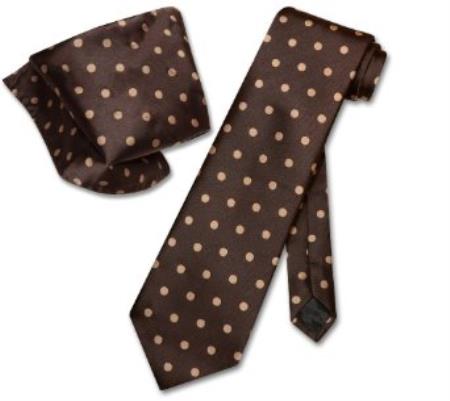Mensusa Products Chocolate Brown w/Lt Brown Polka Dot NeckTie Handkerchief Tie Set