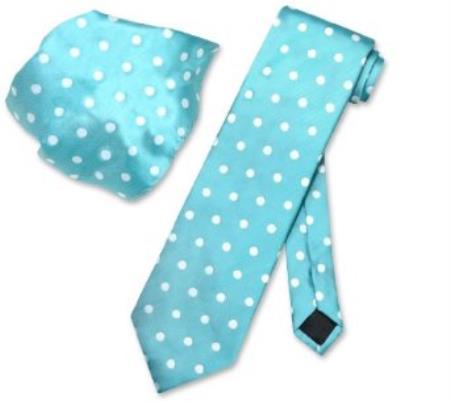 Mensusa Products Turquoise Blue w/ White Polka Dots Necktie Handkerchief Tie Set