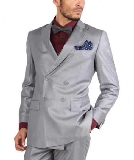 Mensusa Products Mens 4 Button Double Breasted Satin Trim Euro Slim Fit Grey