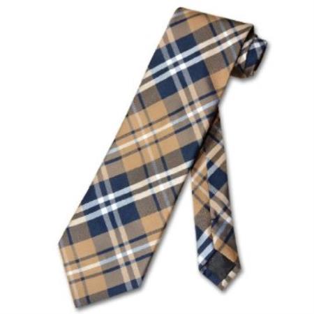 Mensusa Products Navy Brown White PLAID Design Men's Neck Tie
