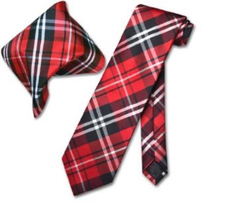 Mensusa Products Black Red White PLAID NeckTie & Handkerchief Matching Tie Set