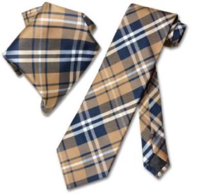 Mensusa Products Navy Brown White PLAID NeckTie & Handkerchief Matching Tie Set