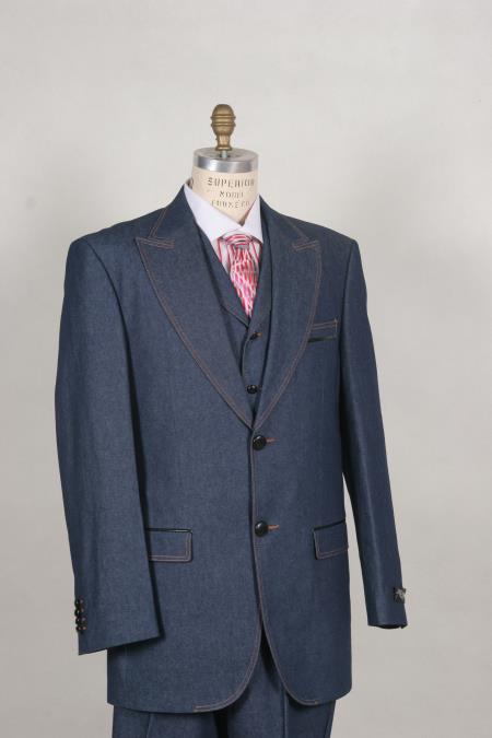 Mensusa Products Mens Stylish Two Button Blue Suit Peak Lapel Vested Denim~Jean~Cotton wide leg pants