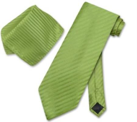 Mensusa Products Spinach Green Striped Necktie & Handkerchief Matching Tie Set