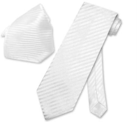 Mensusa Products White Striped NeckTie & Handkerchief Matching Neck Tie Set