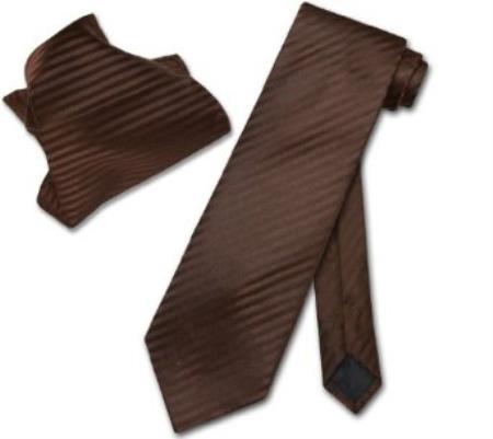 Mensusa Products Chocolate Brown Striped NeckTie & Handkerchief Matching Neck Tie