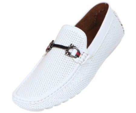 Mensusa Products Mens Driving Moccasin Loafer in Perforated Smooth with Silver Ornament in White