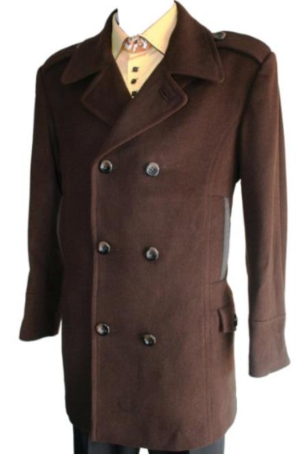 Mensusa Products Men's Peacoat Wool Blend Double Breasted 6 Button Brown