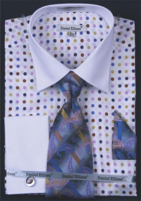 Mensusa Products Men's French Cuff Dress Shirt Set Multi Polka Dot Lilac
