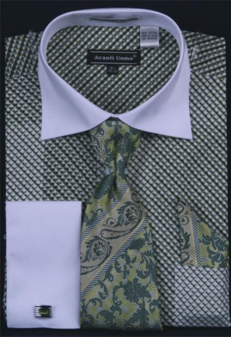 Mensusa Products Men's French Cuff Dress Shirt Set Geometric Pattern Olive