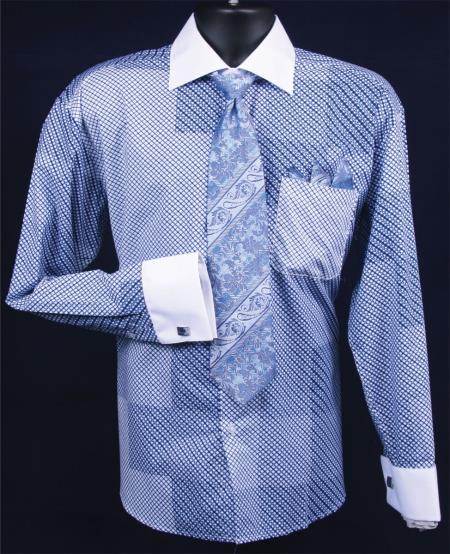 Mensusa Products Men's French Cuff Dress Shirt Set Geometric Pattern Navy