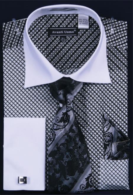 Mensusa Products Men's French Cuff Dress Shirt Set Geometric Pattern Black